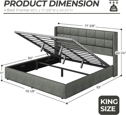 HISOFT King Size Lift Up Storage Bed Frame, Linen Upholstered Platform Bed with Wingback Headboard, Heavy Duty Hydraulic Gas Lift Underbed Space, Reinforced Full Metal Slats, Noise Free, Grey