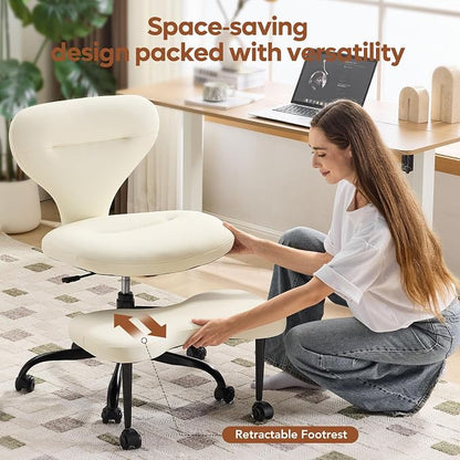 YFO Ergonomic Cross Legged Office Chair and ADHD Meditation Chair with Silent Wheels for Home Office Desk Chair and Yoga, Wider Backrest Support and Storage Pockets Design, PU Leather, Cream