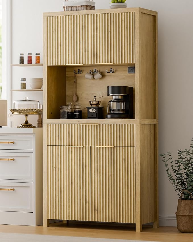 Lulive 71" Fluted Pantry Cabinet with Charging Station, Natrual | Adjustable Shelves, Open Countertop, Drawer, Spacious Kitchen Storage