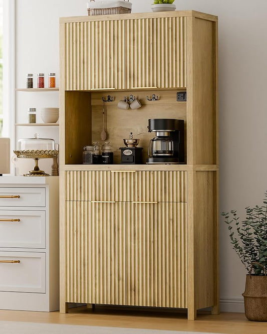 Lulive 71" Fluted Pantry Cabinet with Charging Station, Natrual | Adjustable Shelves, Open Countertop, Drawer, Spacious Kitchen Storage