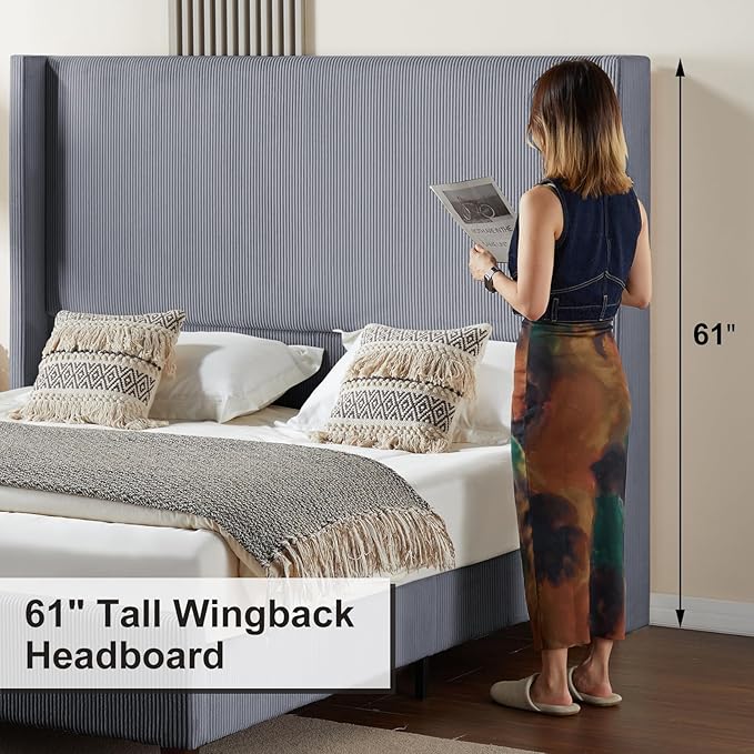 HOWE Queen Bed Frame with 61.4" Extra Tall Headboard, Corduroy Upholstered Bed with Vertical Wingback Headboard, No Box Spring Needed/Noise Free/Solid Wood Slats & Legs/Grey