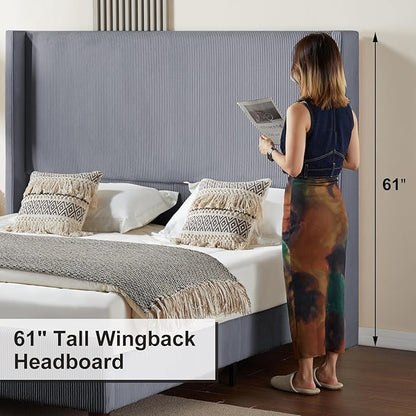 HOWE Queen Bed Frame with 61.4" Extra Tall Headboard, Corduroy Upholstered Bed with Vertical Wingback Headboard, No Box Spring Needed/Noise Free/Solid Wood Slats & Legs/Grey