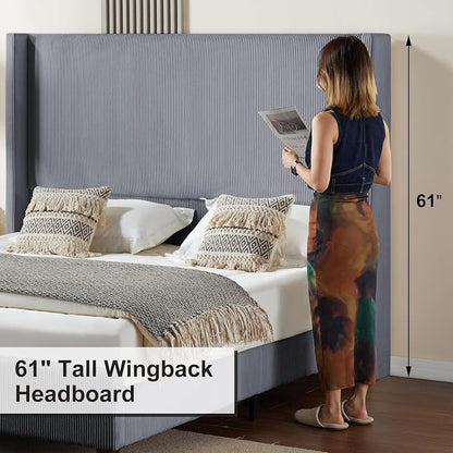 HOWE King Size Bed Frame with 61.4" Extra Tall Headboard, Corduroy Upholstered Bed with Vertical Wingback Headboard, No Box Spring Needed/Noise Free/Solid Wood Slats & Legs/Grey