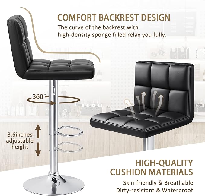 Furniwell Bar Stools Modern Pu Leather Swivel Adjustable Barstools Armless Counter Height Swivel Bar Stool Synthetic Leather Height Square Barstool with Set of 2(Black)