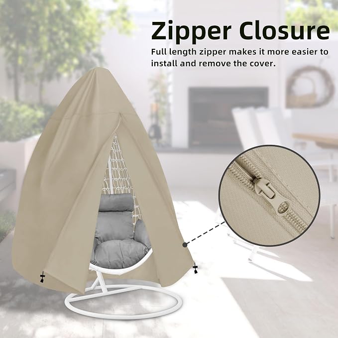 Easy-Going Patio Hanging Egg Chair Cover, UV Resistant Waterproof Outdoor Single Seat Swing Chair Cover with Zipper, Camel