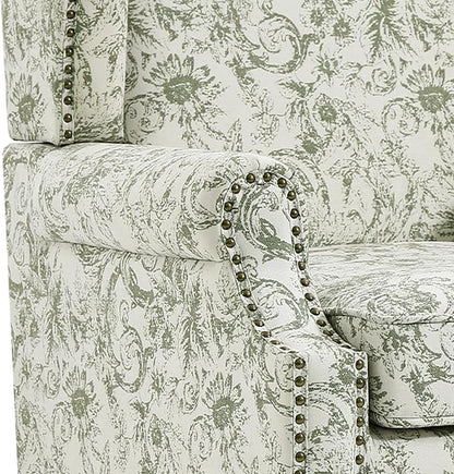 High Back Accent Chair, Fabric Upholstered Armchair for Living Room, Floral Printed Wingback Arm Chair with Solid Wood Legs, Retro Nailhead Trim Single Sofa Bedroom Reading Seat - Rococo Green