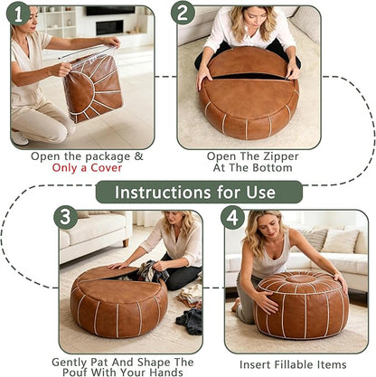 Thgonwid Unstuffed Moroccan Storage Pouf Foot Stool Ottoman Seat, No Filler Included, Handmade Faux Leather Bean Bag Floor Chair Foot Rest for Living Room, Bedroom or Balcony, Brown