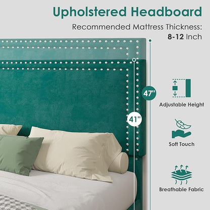 VECELO Full Size Platform Bed Frame with Height Adjustable Upholstered Headboard, Modern Mattress Foundation,Strong Wood Slat Support, No Box Spring Needed, Easy Assembly,Dark Green