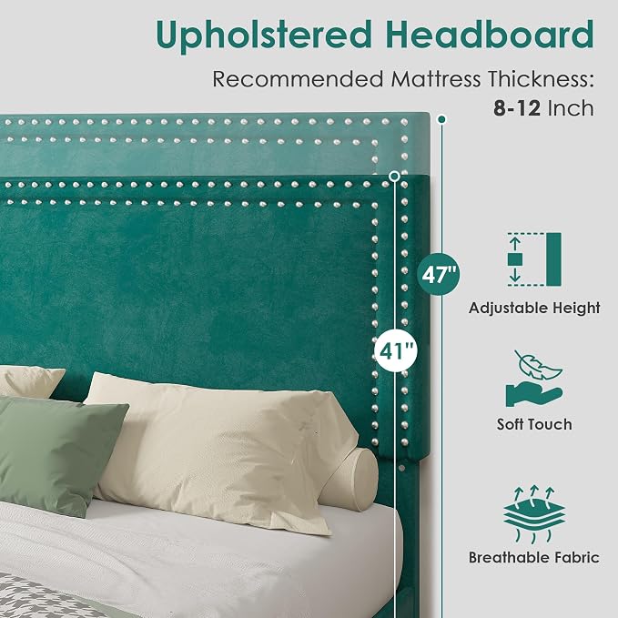 VECELO Queen Size Platform Bed Frame with Height Adjustable Upholstered Headboard, Modern Mattress Foundation,Strong Wood Slat Support, No Box Spring Needed, Easy Assembly,Dark Green