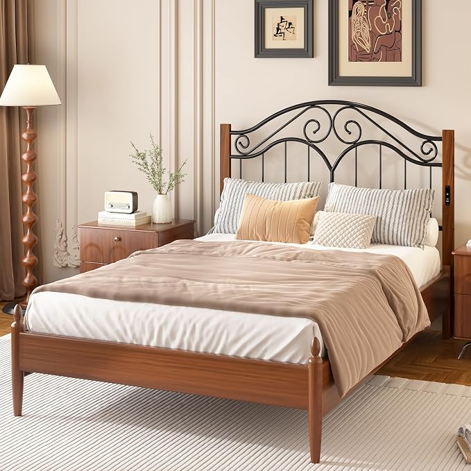 Headboard for Full Size Bed Frame with Charging Station USB & Type C Ports | Vintage Platform Bed Headboard Only,Adjustable,Iron Legs,Easy Assembly,Black