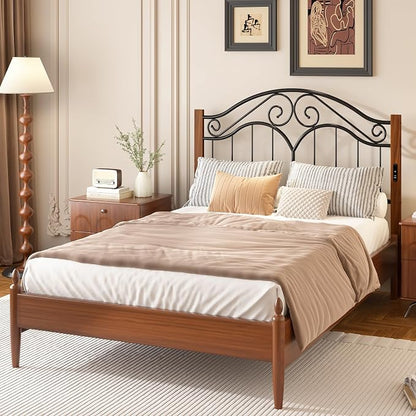 Headboard for Full Size Bed Frame with Charging Station USB & Type C Ports | Vintage Platform Bed Headboard Only,Adjustable,Iron Legs,Easy Assembly,Black