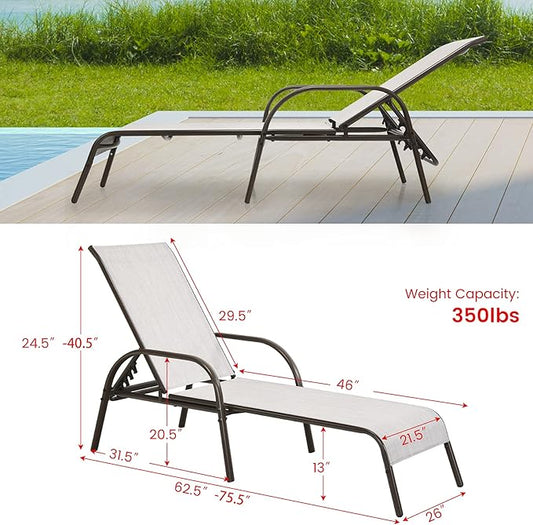 Giantex Set of 2 Patio Lounge Chair, Outdoor Chaise Lounge with 5 Adjustable Backrest, Sturdy Steel Frame, Sunbathing Recliner, Beach Chair, Tanning Chair for Outside, Yard, Balcony, Pool Chairs, Grey