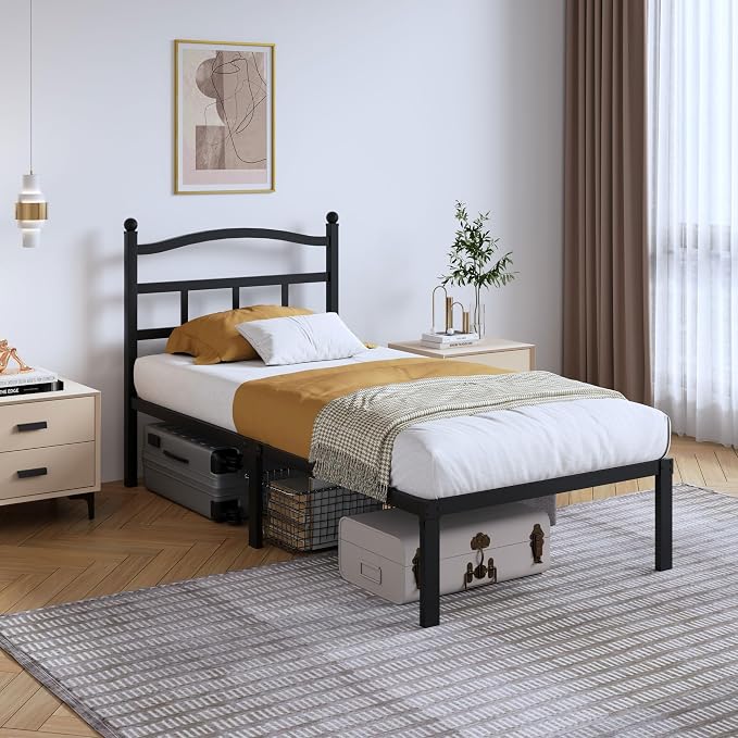 SHOANED Metal Bed Frame with Headboard - 14 Inch Twin XL Size Heavy Duty Bedframe Black Basic Steel Slats Platform No Box Spring Needed/Easy Assembly/Noise Free