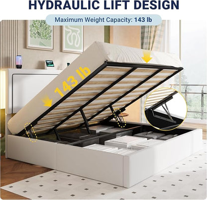 Allewie King Size Lift Up Storage Bed Frame with Charging Station & LED Lights, Adjustable Velvet Upholstered Storage Headboard, Type-C & USB Ports, Hydraulic Support, No Box Spring Needed, White