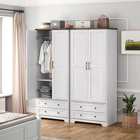 Brafab Armoire Wardrobe Closet with 2 Modern Doors Set of 2, 71" Tall Freestanding Closet Wardrobe Cabinet with Drawers and Hanging Rail, Light Wooden Storage Cabinet with Shelve for Bedroom, White