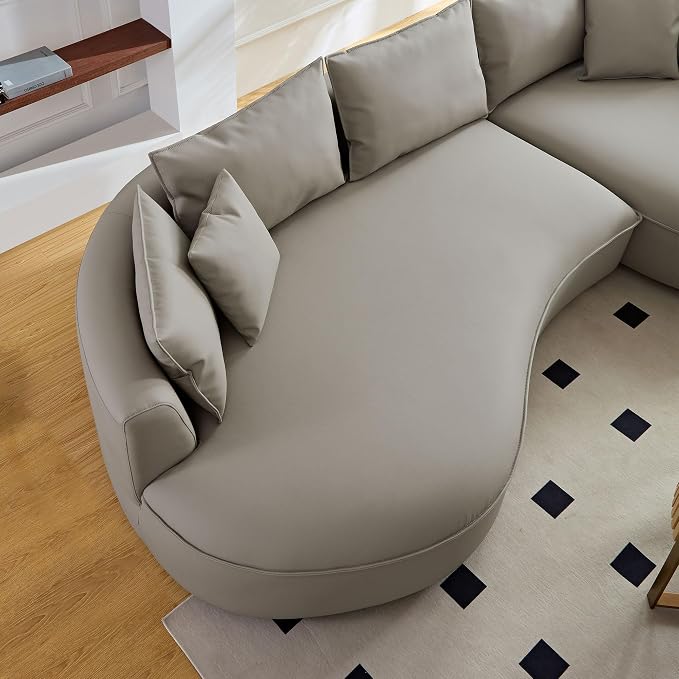 KEIKI 129" Curved Oversized Modular Bonded Leather Sectional Sofa with Right Chaise, 4 Pillows, 3 Back Cushion, Modern Style Comfy 5-Seater Couch, Easy Assembly, for Apartment, Living Room, Light Grey