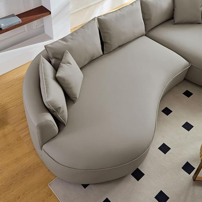 KEIKI 129" Curved Oversized Modular Bonded Leather Sectional Sofa with Right Chaise, 4 Pillows, 3 Back Cushion, Modern Style Comfy 5-Seater Couch, Easy Assembly, for Apartment, Living Room, Light Grey