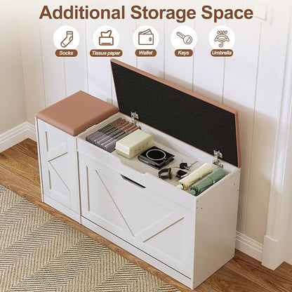 34" Storage Bench with Flip Drawers and Barn Doors, Adjustable Shelf, Flip-up Cabinet & Padded Cushion - Space-Saving Shoe Cabinet, Organizer for Entryway, Hallway, Bedroom