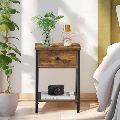 VECELO Nightstand,Modern Bedside End Table, Night Stand with Drawer and Storage Shelf for Living Room Bedroom, Industrial Metal Frame