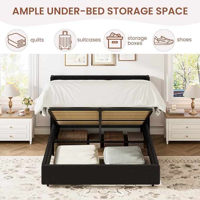 Garvee Full Lift Up Storage Bed Frame, Corduroy Upholstered Platform Bed with Gas Lift, Padded Headboard, Wooden Slat Support, No Box Spring Needed, Easy Assembly, Black