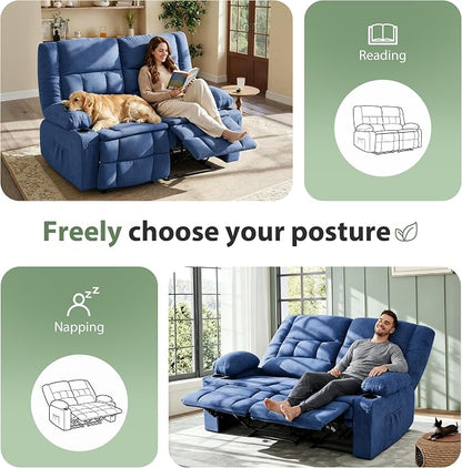 Loveseat Recliner Sofa, Wall Hugger Reclining Loveseat with Cup Holders & Storage Pockets, 150° Adjustable RV Couch, Traditional 2-Seat Reclining Couch for Living Room, RV, Home Theater, Blue