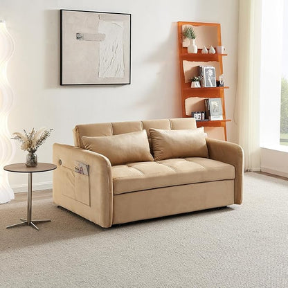 55.5" Velvet Convertible Sofa Bed, Pull Out Sleeper Sofa Bed, Loveseat Couch with USB Charging Ports, 3 in 1 Convertible Sleeper Sofa Bed for Living Room, Apartment, Bedroom, RV, Khaki