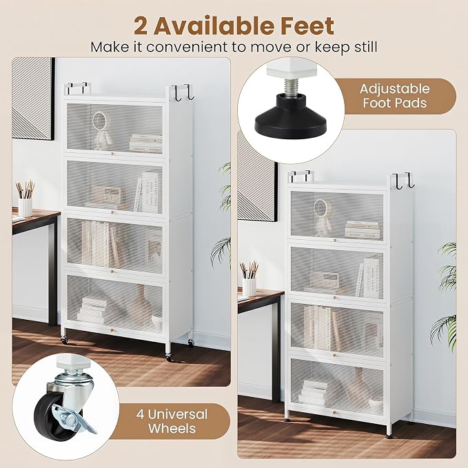 Giantex 5-Tier Kitchen Storage Cabinet, Freestanding Metal Baker's Rack w/4 Flip-up PC Doors, 4 Hooks, Adjustable Feet & Rolling Wheels, Mobile Microwave Stand for Dining Room, Living Room (White)