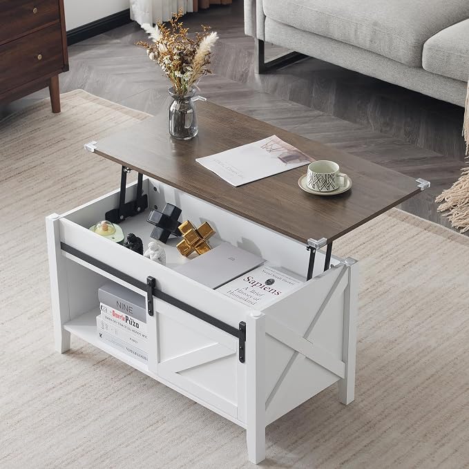 VINGLI Farmhouse Lift Top Coffee Table,36" Living Room Table,White Oak