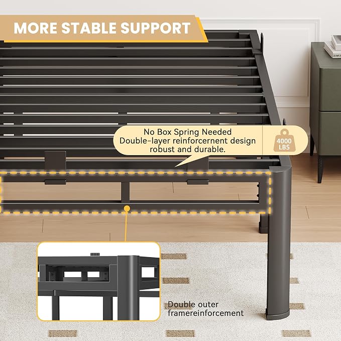 14 Inch Twin Size Bed Frame Heavy Duty, Metal Double Layer Steel 4000 lbs Capacity, Platform with Large Under Bed Storage Space, No Box Spring Needed, Noise-Free, Easy Assembly