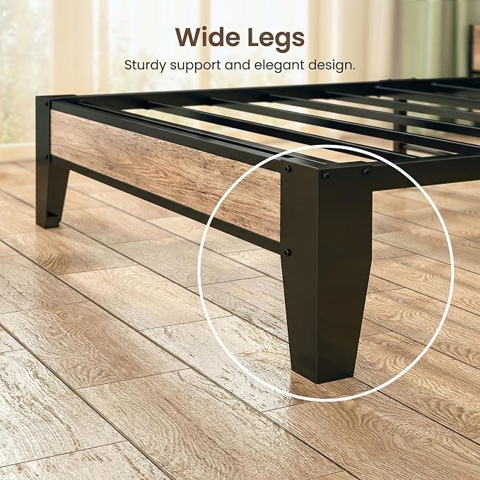 LIKIMIO Twin Bed Frames with Storage Headboard & Charging Station | Upholstered Headboard, Storage Shelf, Solid and Stable, Noise Free, No Box Spring Needed, Easy Assembly (Walnut and Beige)
