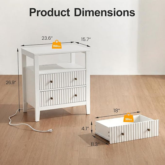 RoyalCraft White Nightstand Set of 2, Fluted Night Stand with Charging Station, Modern Bedside Table with 2 Drawers and Open Shelf, Wood End Table for Bedroom, Hallway