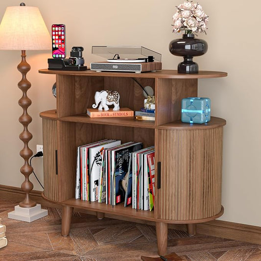 LUVIOHOME Large Round Record Player Stand with Charging Station & USB Ports，Record Storage Cabinet, Mid Century Modern Turntable Stand for Bedroom Living Room (Small Brown)