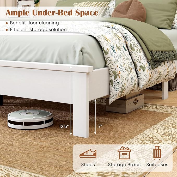 GOFLAME Queen Size Wood Bed Frame, Mid-Century Modern Platform Bed with Headboard, Solid Wood Legs, Mattress Foundation with 12 Wooden Slats, No Box Spring Needed, White
