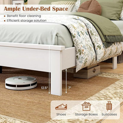 GOFLAME Queen Size Wood Bed Frame, Mid-Century Modern Platform Bed with Headboard, Solid Wood Legs, Mattress Foundation with 12 Wooden Slats, No Box Spring Needed, White