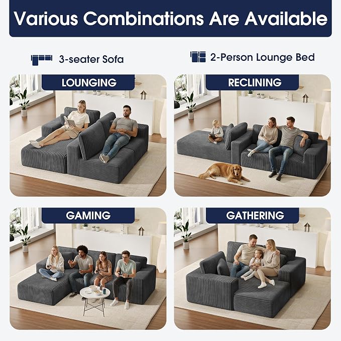 KINGYES 107'' Modular Sectional Sofa, L Shaped Cloud Couch for Living Room, Modern Plush Corduroy Boneless Sofa with Chaise for Bedroom, Gray