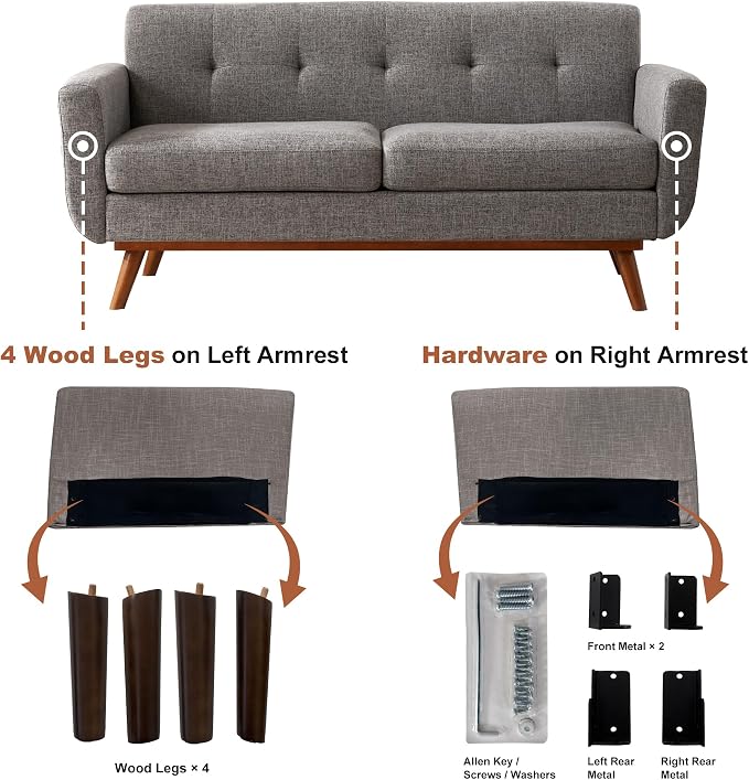 Kingfun 65.2" W Loveseat Sofa, Mid Century Modern Decor Love Seat Couches for Living Room, Button Tufted Upholstered Furniture, Solid & Easy to Install Small Couch for Bedroom Office Apartment, Grey