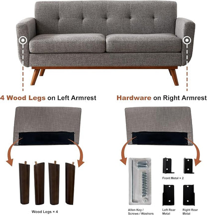 Kingfun 65.2" W Loveseat Sofa, Mid Century Modern Decor Love Seat Couches for Living Room, Button Tufted Upholstered Furniture, Solid & Easy to Install Small Couch for Bedroom Office Apartment, Grey