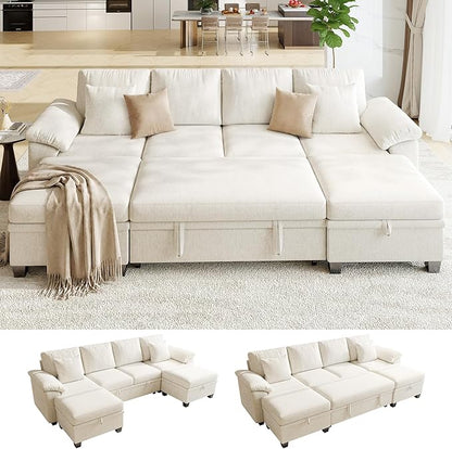 107.8" Modular Sectional Sleeper Sofa Bed, U Shaped 6 Seat Pull Out Couch with Storage Ottoman, Convertible Cloud Couch Bed, Sectional Couches for Living Room, Apartment (Beige)