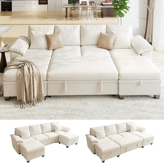 107.8" Modular Sectional Sleeper Sofa Bed, U Shaped 6 Seat Pull Out Couch with Storage Ottoman, Convertible Cloud Couch Bed, Sectional Couches for Living Room, Apartment (Beige)