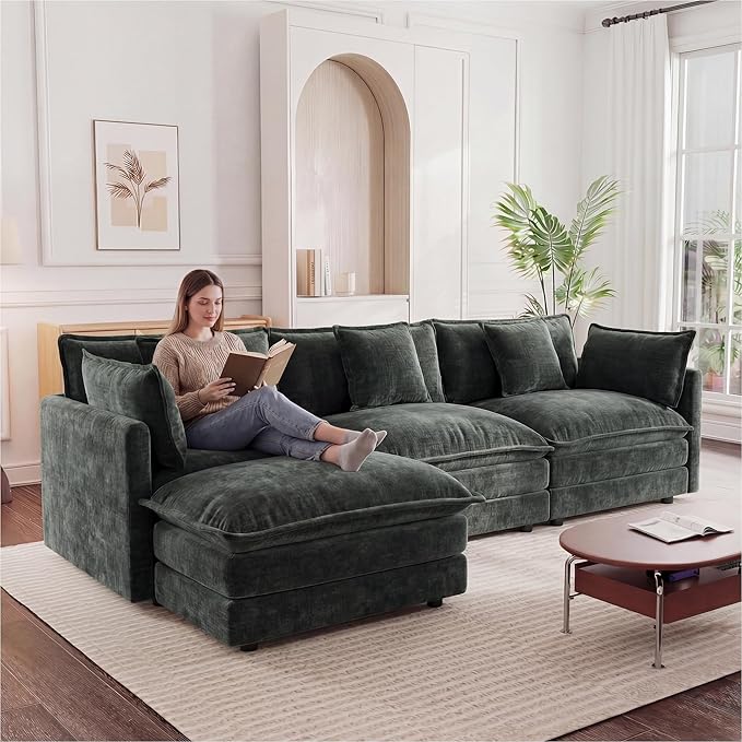 111.5" Modular Sectional Sofa, Large L Shaped Sectionals Cloud Couch, Big Comfy 3-Seat Couch with Ottoman, 4 Seater Chenille Sectional Sofa with Deep Seat and 5 Pillows for Living Room- Grey