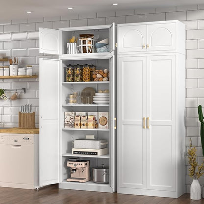 Polup Kitchen Pantry Cabinet, 86 Inch Tall Metal Storage Cabinet, Food Pantry cabinets with Doors and Shelves, White Storage Cabinets for Living, Dining, Office, Bathroom, Garage, Assembly Required