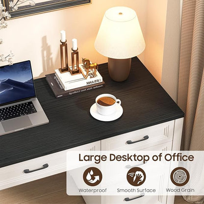 Vabches Farmhouse Executive Desk, Wood Home Office Desk with 2 Large File Drawers and 5 Storage Cabinets, Rustic Writing Desk for Work and Study, Black