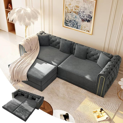 90.6'' Futon Sofa Bed, Chesterfield Velvet Sleeper Sofa, Convertible Floor L-Shaped Couch, Tufted Back, 4 Pillows, Gold Edge Trim, Deep Loveseat Couches for Living Room, Apartment, Gold Grey