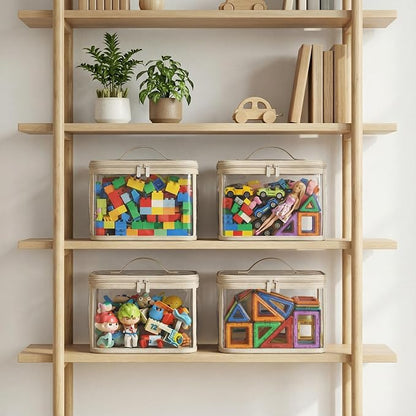 holay 4 Pack Clear Toy Storage Bags with Zipper & Handle, Board Game Bins | Reinforced base stands upright; clear PVC front; holds toys, board games & busy bags; foldable for playroom & travel