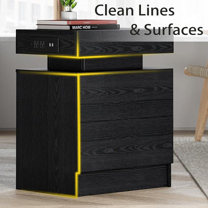 LIKIMIO Nightstand with Charging Station LED Light and 2 Drawers Black | bedside table; end table; charging station; LED light; 2 drawers; black wood grain; small spaces