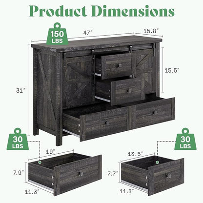 AMERLIFE 3-Piece Farmhouse Furniture Set with Sideboard Cabinet and 2 Nightstands, Sliding Barn Door Wood Storage Cabinet Set for Bedroom, Black Oak