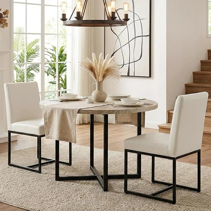 VESCASA Faux Leather Upholstered Dining Chairs with Black Metal Frame, Mid Century Modern Padded Kitchen Chair with Adjustable Foot Pads for Restaurant, Dining Room, Set of 2, White