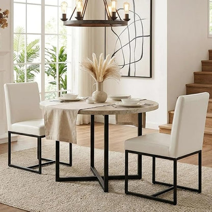 VESCASA Faux Leather Upholstered Dining Chairs with Black Metal Frame, Mid Century Modern Padded Kitchen Chair with Adjustable Foot Pads for Restaurant, Dining Room, Set of 2, White