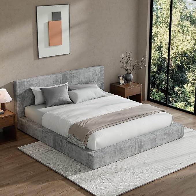 RECCI AirFrame King Size Bed Frame with Headboard, Cloud Upholstered Platform Bed Frame, 5 Inch Foam Cushioned, No Box Spring, Easy Assembly(Moon Grey)