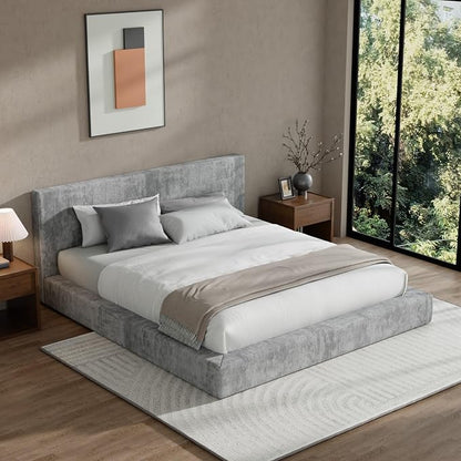 RECCI AirFrame Queen Bed Frame with Headboard, Cloud Upholstered Platform Bed Frame, 5 Inch Foam Cushioned, No Box Spring, Easy Assembly(Moon Grey)